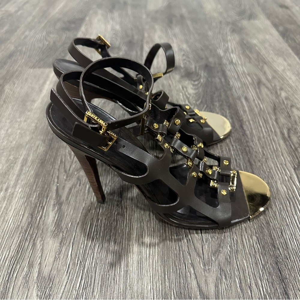 Tory Burch Gold and Brown Heels with Elegant Straps Size 7 1/2